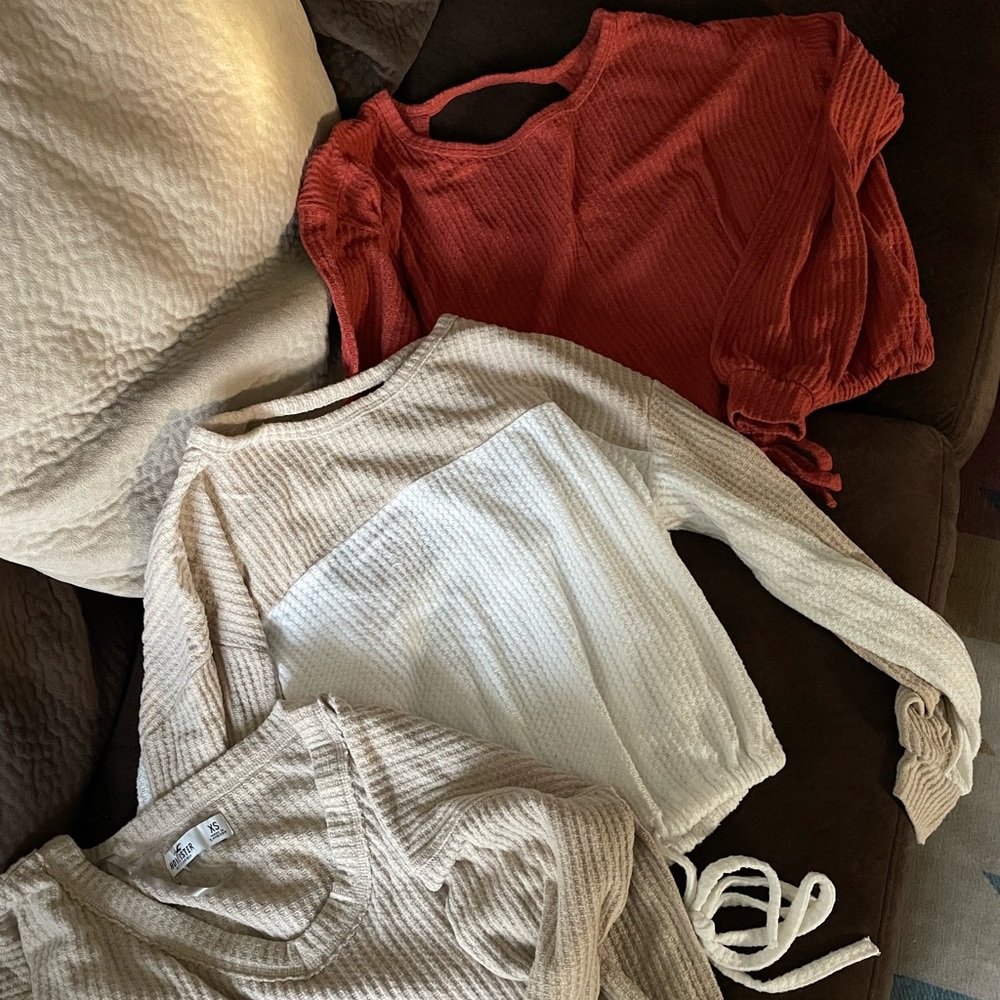 HOLLISTER waffle crop tops . $25 for all 3 . Tan, Rust , Tan with white